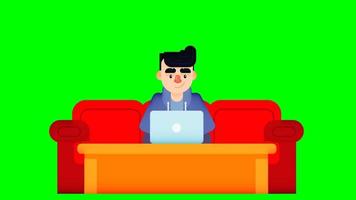 Animation of boy using laptop with long arm sofa and table video