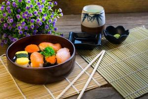 Sushi set served on wood table photo