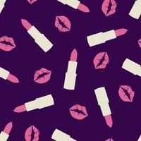 Modelo inconsútil de la moda glamorosa con lápiz labial y besos sobre un fondo oscuro. cosmética de patrones sin fisuras en colores de moda modernos. diseño para belleza, publicidad, día de san valentín. vector