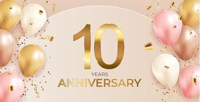 10 Anniversary design with Confetti and balloons for Party Holiday Background