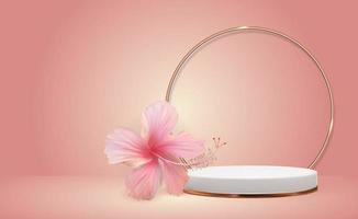 White 3d  pedestal background with Golden Glass Ring Frame and hibiscus flower for cosmetic product presentation vector