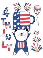 este 4 de julio estilo doodle con gato y taza vector