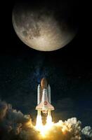Space Shuttle with Bitcoin icon takes off into space to fly to the moon, elements of this image furnished by NASA photo