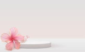 Fondo de pedestal blanco 3d con flor de hibisco realista para presentación de productos cosméticos revista de moda vector