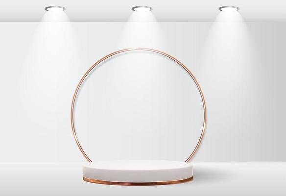 White 3d pedestal background with Golden Glass Ring Frame for cosmetic product presentation