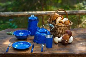Dishes for camping on the table photo
