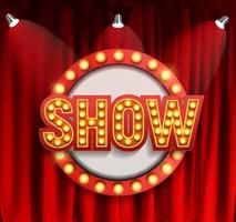 Realistic Show announcement board with bulb frame on curtains background vector