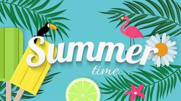 Abstract Summer Time Background with Flamingo and Toucan vector