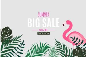 Abstract Summer Sale Background with Palm Leaves and Flamingo vector