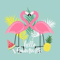 Abstract hello Summer Background with Palm Leaves and Flamingo vector