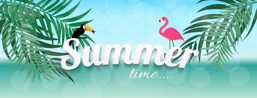 Abstract Summer Time Background with Flamingo and Toucan vector