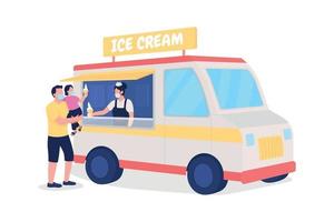 Family buying ice cream from truck flat color vector faceless characters