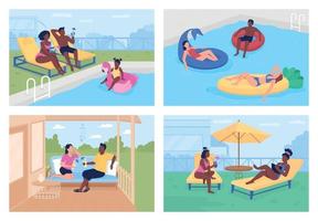 Budget friendly summer retreats flat color vector illustration set