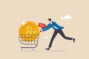 Buying Bitcoin on sale when cryptocurrency price crash to make profit concept smart man buying or purchasing crypto currency Bitcoin in shopping cart trolley to speculate earning in the future vector