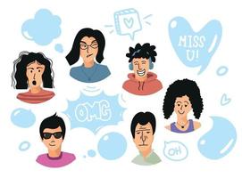 avatares planos y burbujas de discurso personas caras emocionales y globos de discurso hombres y mujeres hablando conversación entre personas de otro grupo social ilustración vectorial diseño plano aislado vector