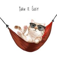 Tómelo con calma eslogan con lindo gato en gafas de sol relajándose en la ilustración de la hamaca roja