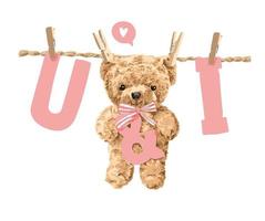 u and i letter hanging with bear toy illustration vector