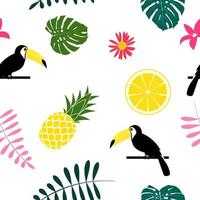 tropical, fruta, piña, tucán, pájaro, y, palma, hoja, seamless, patrón, plano de fondo, diseño vector