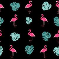 Hoja de palmera tropical y diseño de fondo de patrón transparente de flamenco rosado vector
