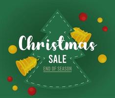 merry christmas sale lettering with bells hanging in tree vector