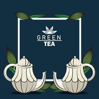 green tea lettering poster with teapots in square frame vector