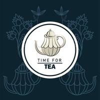 tiempo para el cartel de letras de té con tetera en marco circular vector