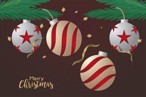 happy merry christmas lettering card with balls in leafs vector