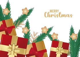 Feliz tarjeta de letras de feliz navidad con regalos dorados y rojos vector