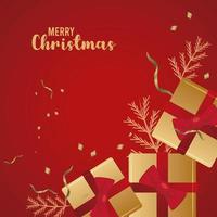 happy merry christmas lettering red card with golden gifts vector