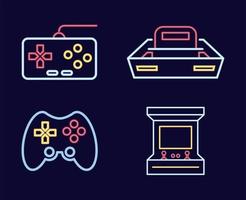 paquete de cuatro consolas de videojuegos y controles de iconos de estilo neón vector