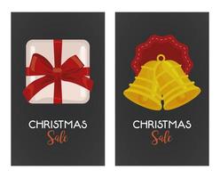 merry christmas sale lettering with bells hanging and gift vector