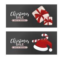 merry christmas sale lettering with gifts and canes and santa hat vector