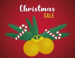 merry christmas sale lettering with balls and leafs vector