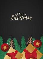 happy merry christmas lettering card with golden gifts and balls in leafs vector