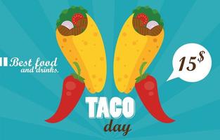 cartel mexicano de celebración del día del taco con tacos y chiles vector