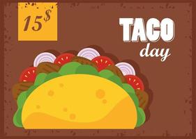 taco day celebration mexican poster with price tag in brown background vector