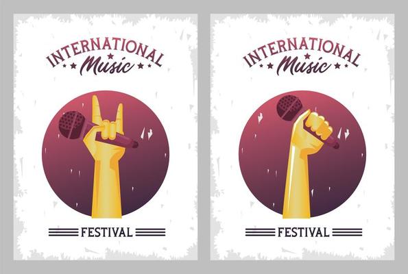 international music festival poster with hands lifting microphones frames