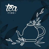 tea time lettering poster with teapot and leafs vector