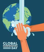 global handwashing day lettering with hands washing and earth planet vector