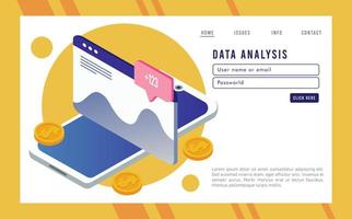 tecnología de análisis de datos con plantilla de página web y teléfono inteligente vector