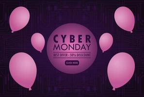 cartel de vacaciones de cyber monday con globos púrpuras helio vector