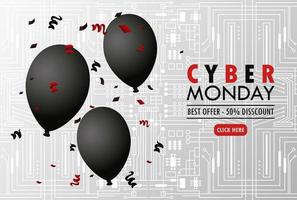 Cartel de vacaciones de Cyber Monday con globos negros de helio en fondo gris vector