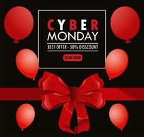 Cartel de vacaciones de Cyber Monday con globos rojos de helio y cinta de lazo vector