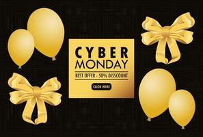Cartel de vacaciones de Cyber Monday con globos dorados de helio y cintas lazos en fondo negro vector