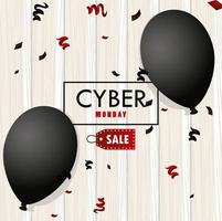 Cartel de vacaciones de Cyber Monday con globos negros de helio en fondo de madera vector