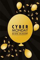 Cartel de vacaciones de Cyber Monday con globos dorados de helio en fondo negro vector
