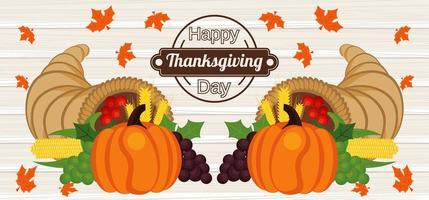 happy thanksgiving day poster with pumpkins and fruits in wooden background vector