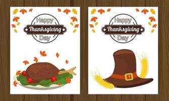 happy thanksgiving day poster with turkey food and pilgrim hat vector