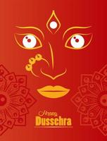 Tarjeta de celebración feliz dussehra con cara de diosa y mandalas en fondo rojo. vector