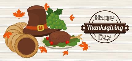 happy thanksgiving day poster with pilgrim hat and turkey in wooden background vector